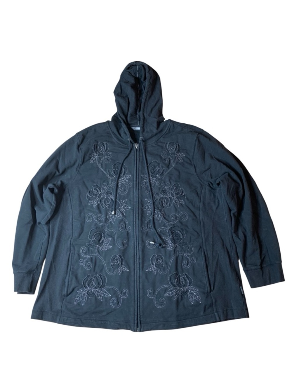 Liz Claiborne 3X Black Rose Embroidered Zip-Up Hoodie Plus Size
